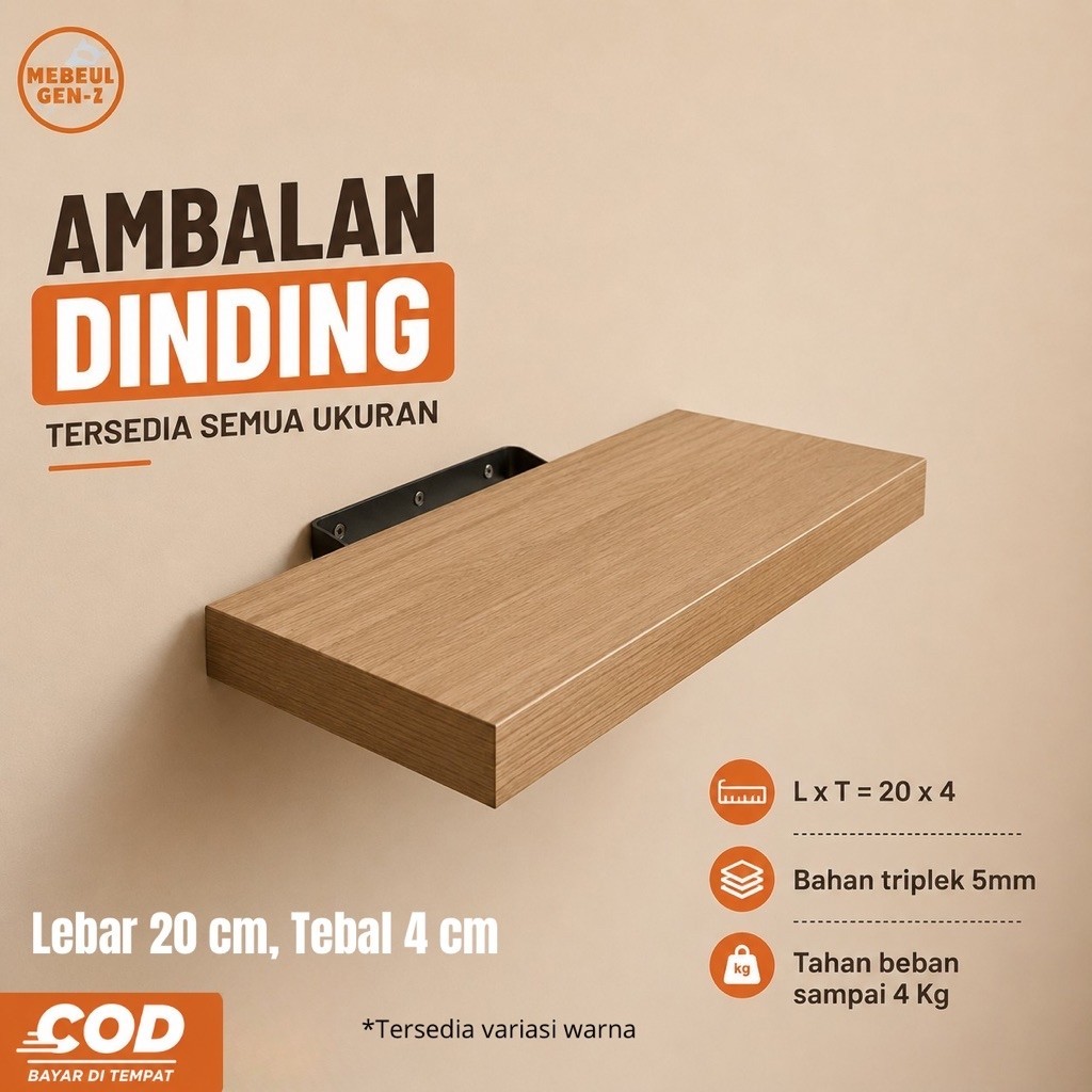 Rak Ambalan Dinding Minimalis pajangan bahan triplek lebar 20 cm tebal 4 cm