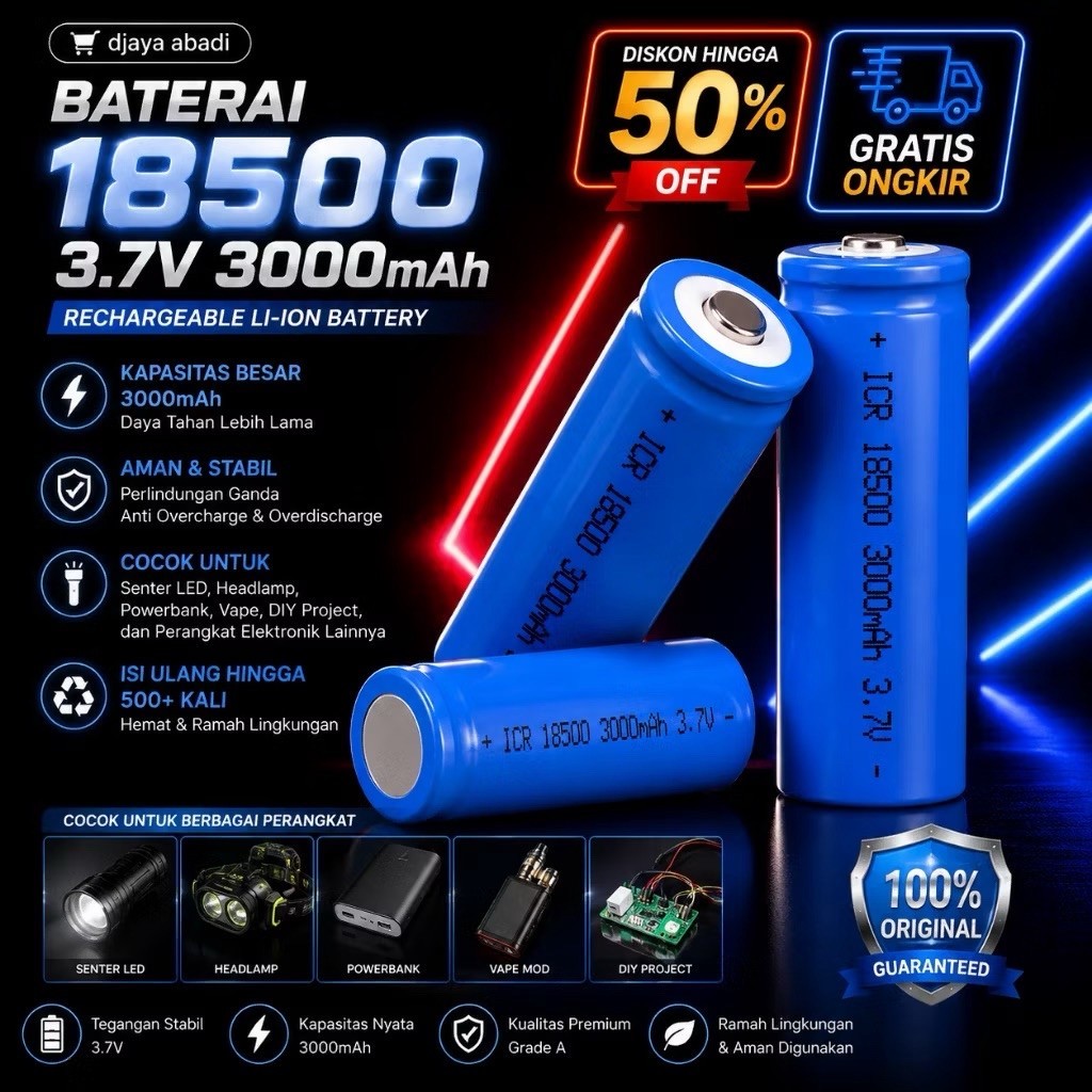 Baterai Cas Type 18500 3,7V 3000Mah Batre senter Model Flat / Baterai 18500