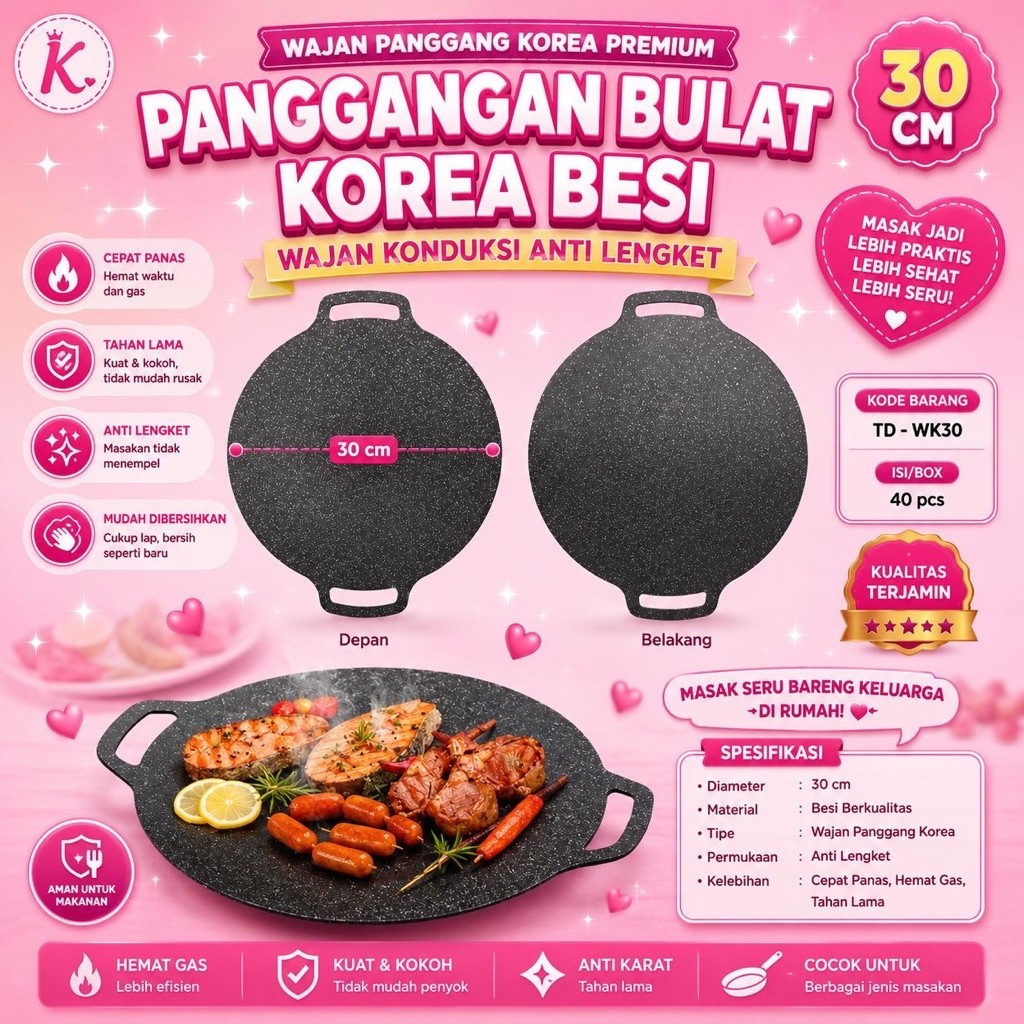 Panci Teflon Wajan Konduksi Serbaguna Multi Grill Pan BBQ Bakar Bulat Korean Plate Daging Steak Beef