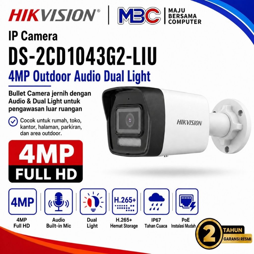 IP Cam HikVision 4MP Outdoor ColorVu Audio DS-2CD1043G2-LIU - IP Cam PoE Hik Vision