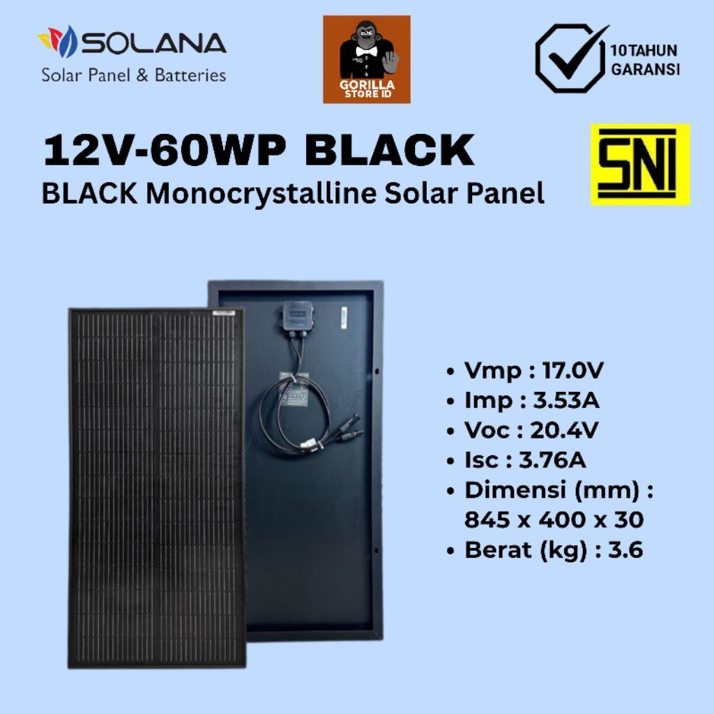 SOLAR PANEL 12V 60WP SOLANA SOLAR CELL MONOCRYSTALLINE BLACK