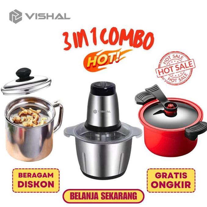 VISHAL Combo spesial 3 in 1  Blender Daging Penggiling Chopper Stainless + Oil Pot Wadah Penyaring M