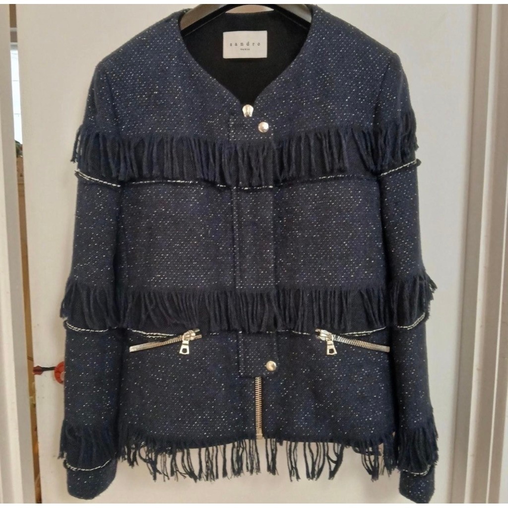 SANDRO SIZE 40 (10) navy fleck fringed trim jacket with zips