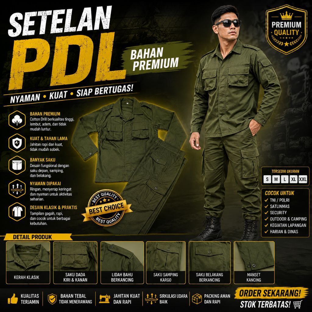 Kemeja PDL Lengan Panjang Pria - Nyaman Dipakai, Bahan American Drill, Warna Hijau Army