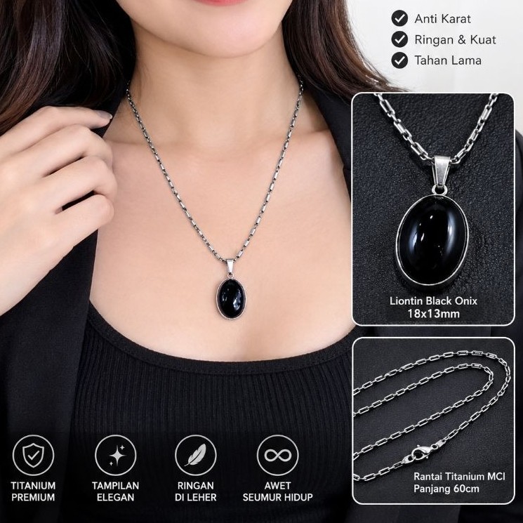 Kalung Titanium MCI 60CM dengan Liontin Batu Black Onyx Oval 18x13mm