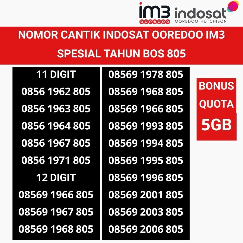 im3 indosat ooredoo tahun 805 BOS nomor cantik kartu perdana nomer 4G 5G bonus quota 5GB