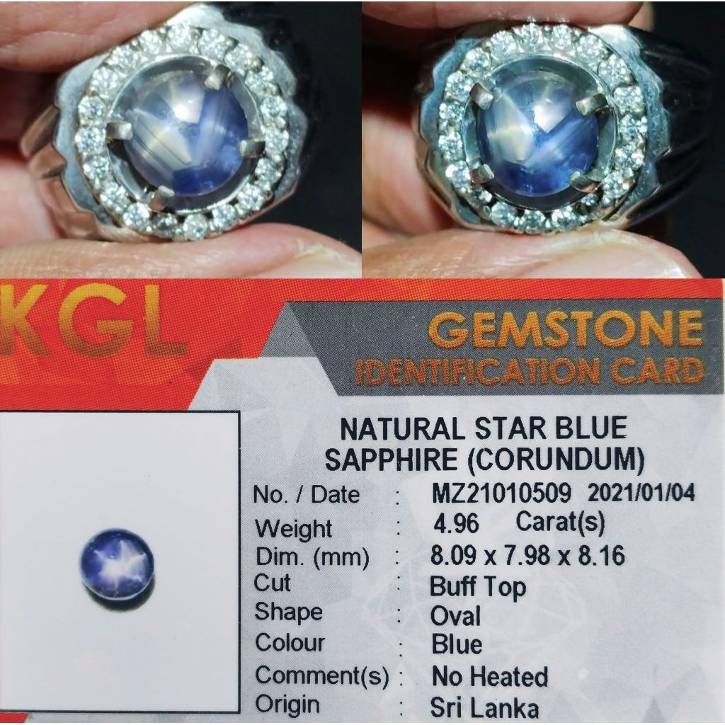 Cincin Pria Natural Star Blue Sapphire Sri Lanka 4.96 ct No Heated Memo KGL