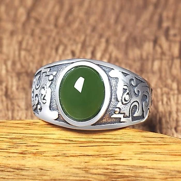 C07 Cincin batu asli giok hijau titanium cewek cowok