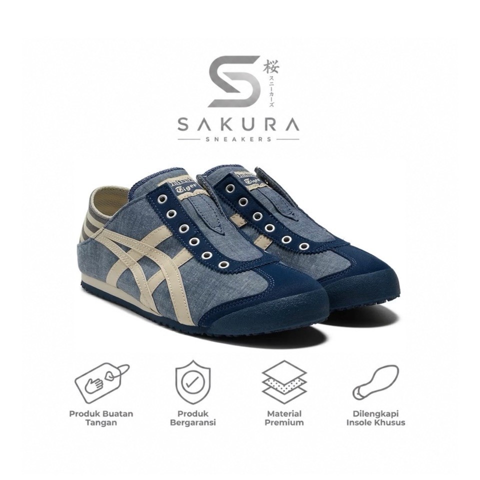 Sepatu Pria Wanita Sneakers Onitsuka Tiger Mexico 66 Slip On Kanvas Blue Jeans