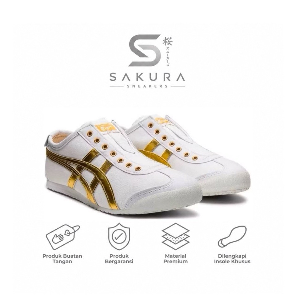 Sepatu Pria Wanita Sneakers Onitsuka Tiger Mexico 66 Slip On Kanvas White Gold