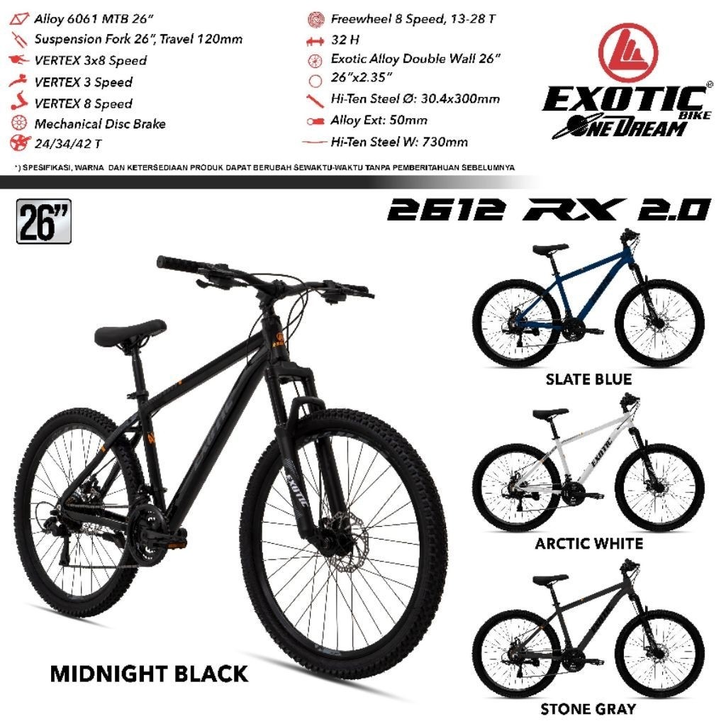 Sepeda Gunung Mtb  Exotic 2612 Rx 2.0 Ukuran 26 Kondisi Baru (3x8 Md)