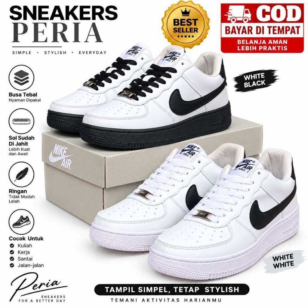 Sepatu Sneakers Unisex Peria Wanita Nike Air Force 1 Putih Hitam
