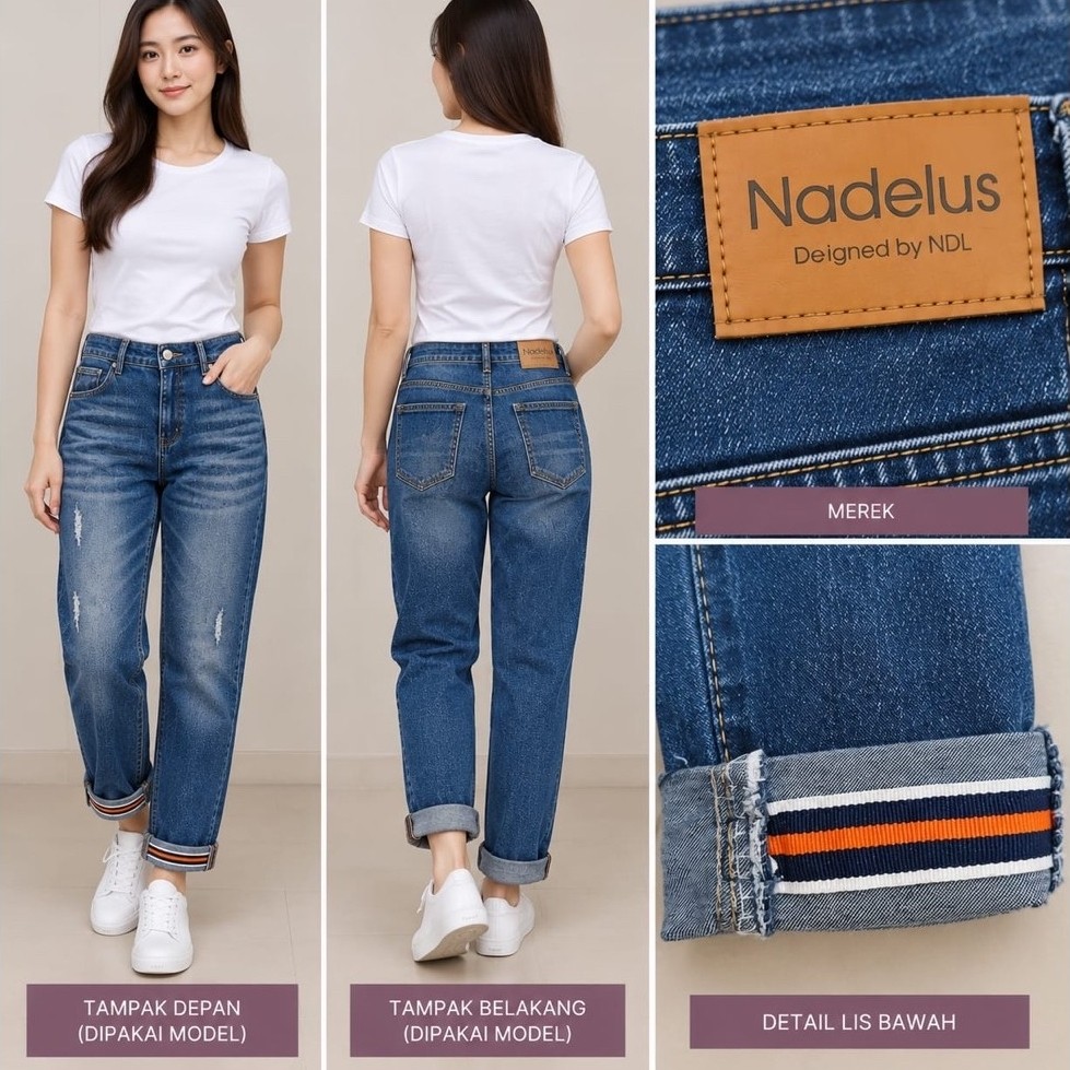 [PRELOVED] Celana Jeans Wanita Nadelus Blue Wash Lis Garis Bottom