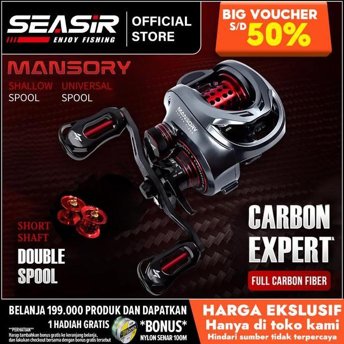 Seasir MANSORY bc Reel Pancing Baitcasting, Kiri/Kanan 2 Kumparan + Gagang Pegangan Rangka Serat Kar