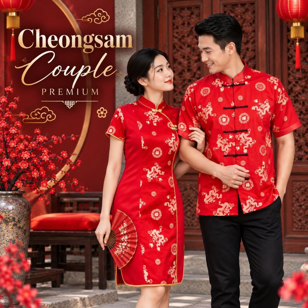 COUPLE CHEONGSAM IMLEK Baju Couple Kemeja Dress Cheongsam Imlek Pria Wanita Sangjit