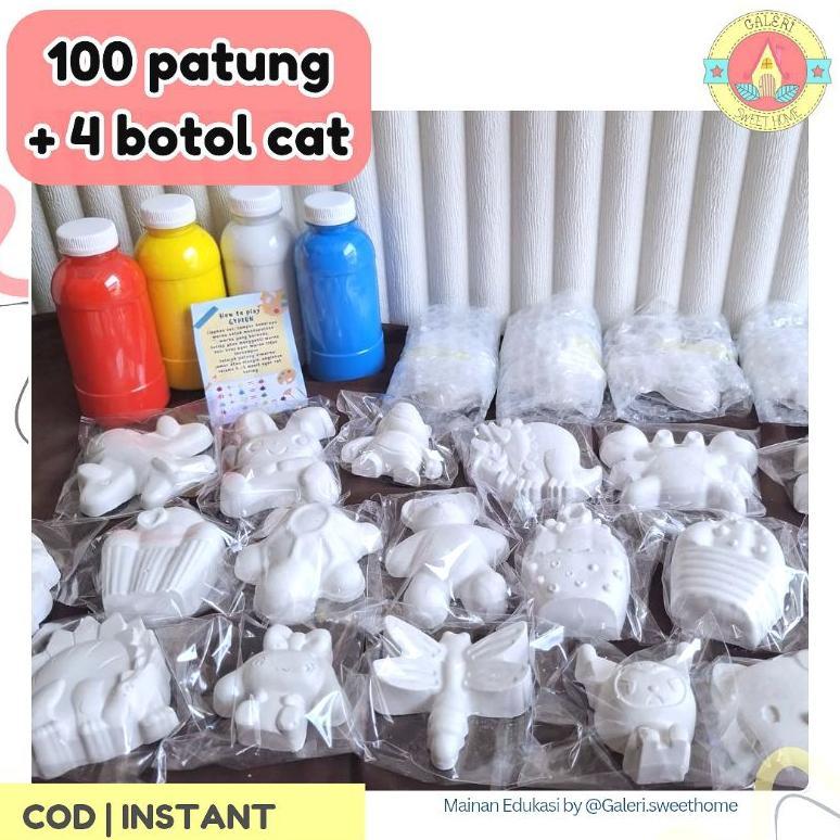 Paket Usaha Lukis Patung Gipsum 100 pcs + 4 Cat 250ml Alat Peraga PAUD TK Aktivitas Melukis Anak Eve