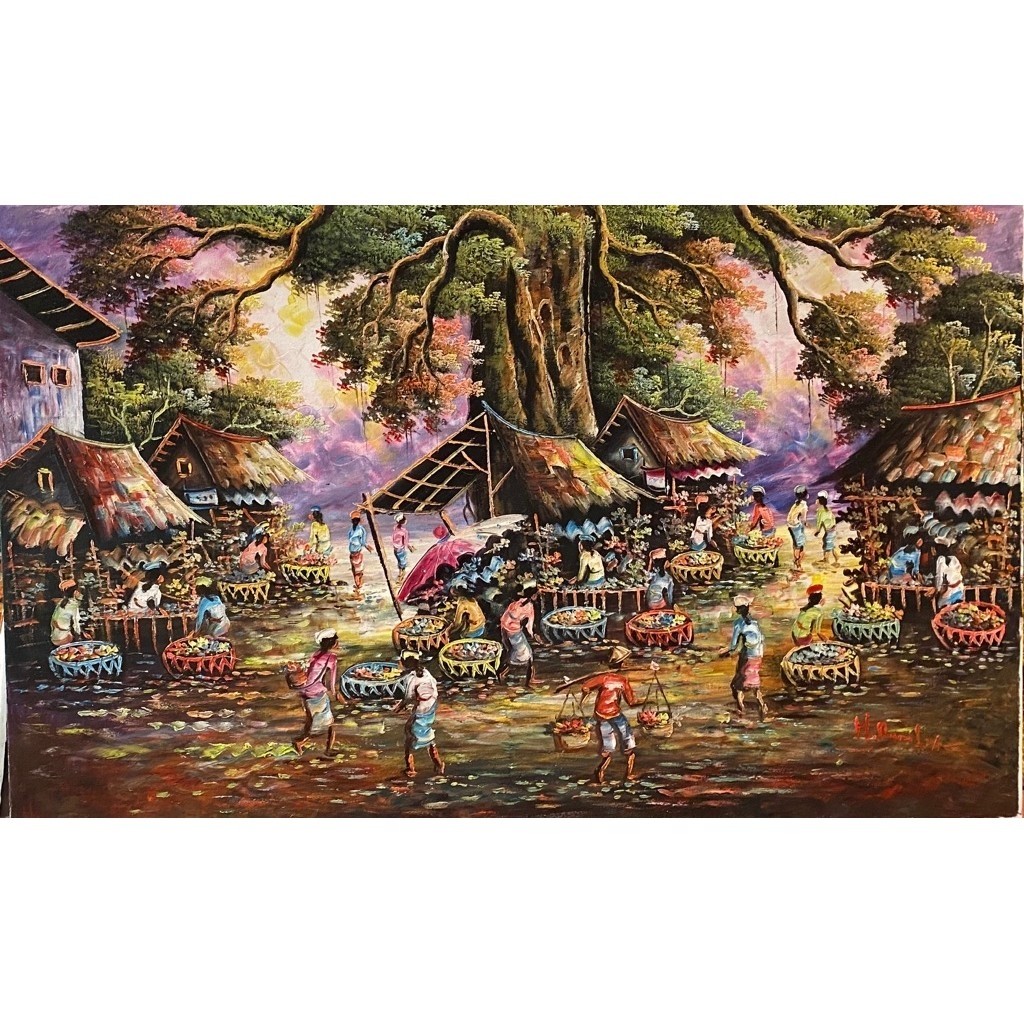 lukisan pasar tradisional Bali, lukisan asli buatan tangan, lukisan cat minyak