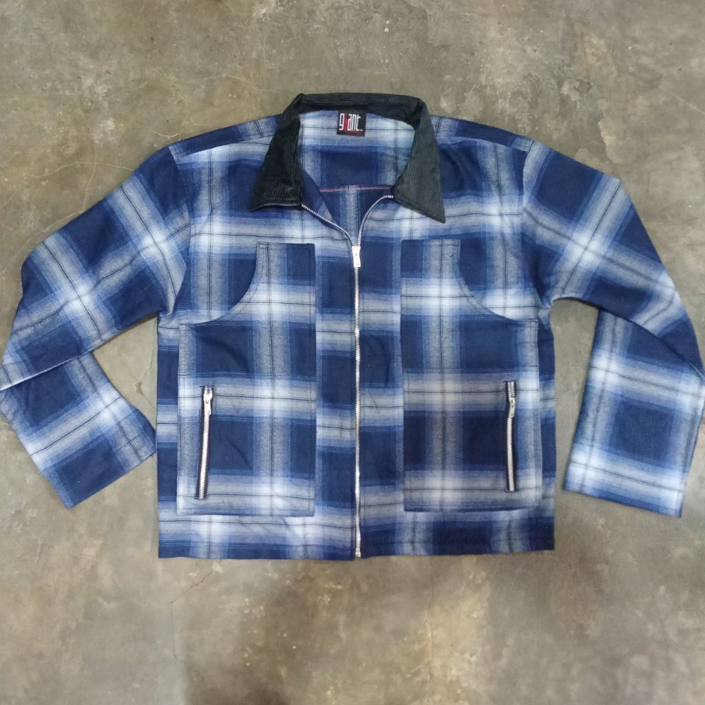 Work Jacket Corduroy Collar Plaid Blue
