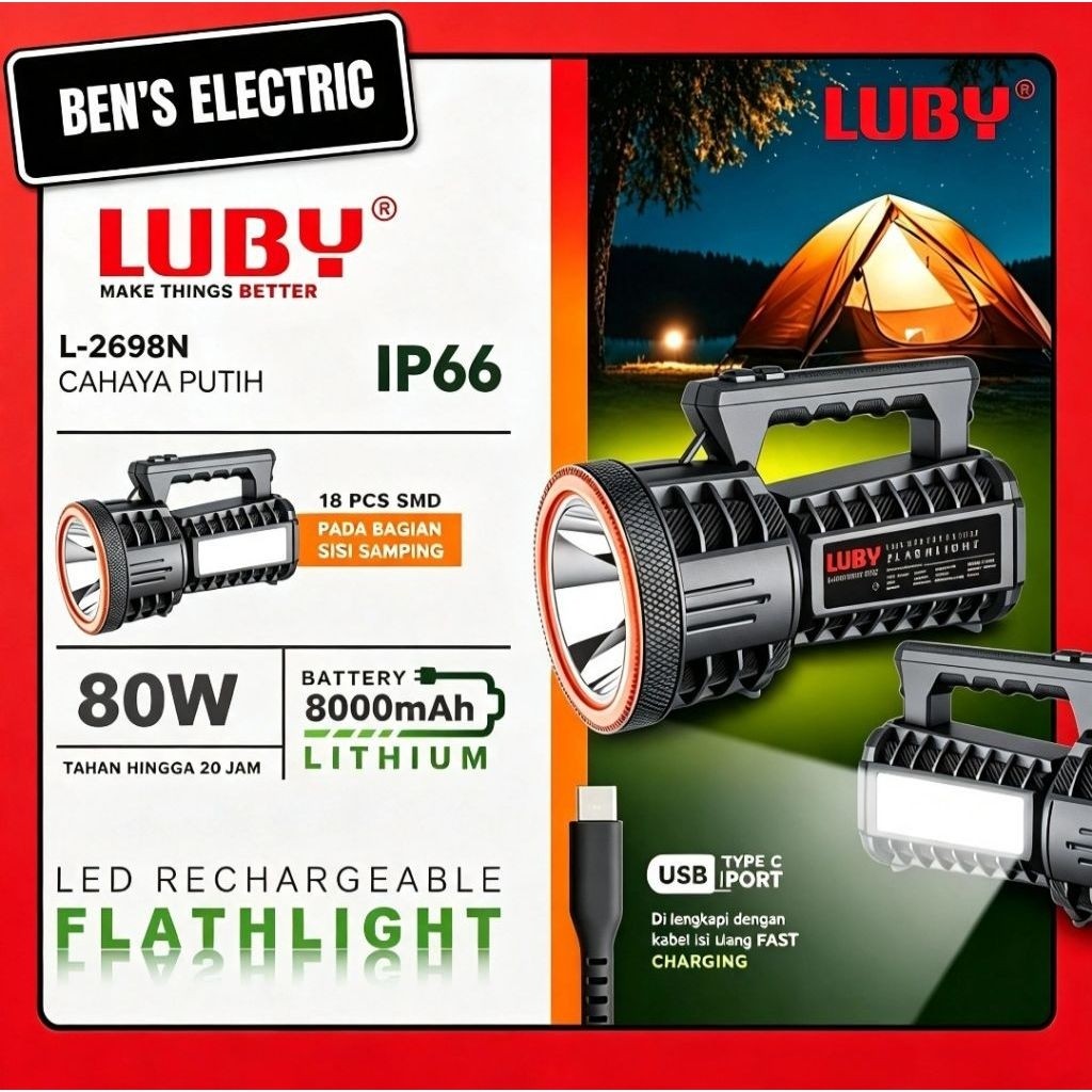 Luby Senter Tangan JUMBO L-2698N 80Watt + 18 LED SMD CAHAYA PUTIH Rechargeable Tahan Hingga 20Jam Ba