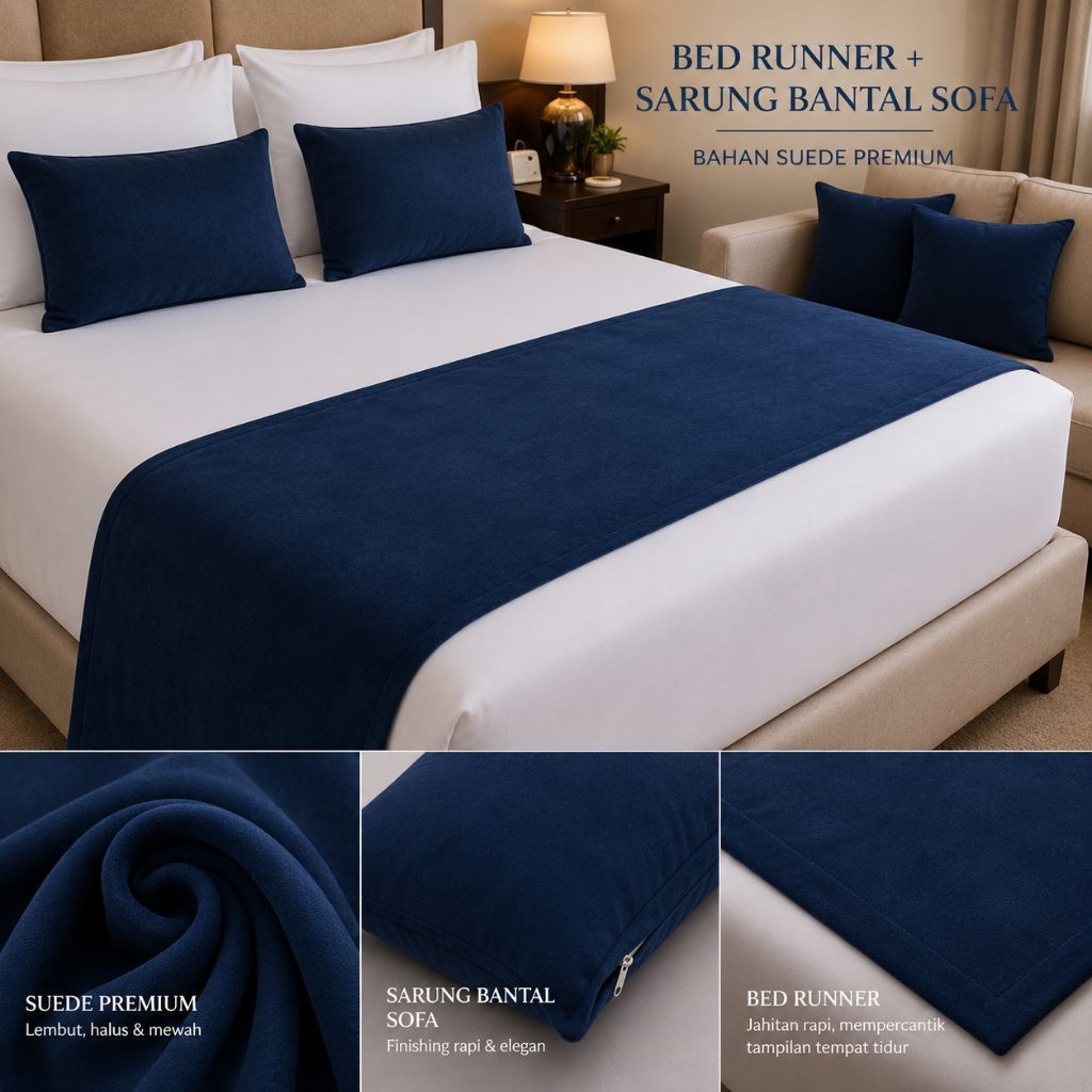 Bed Runner / Selendang Kasur Blue Hotel villa | Standard Hotel Minimalis / set sarung + Bantal 35×35