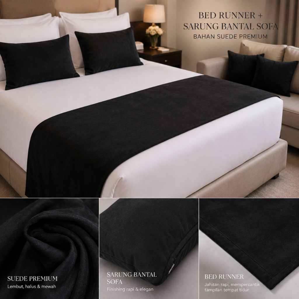 Bed Runner Selendang Kasur Hotel villa | polos elegan minimalis set sarung + Bantal 35×35