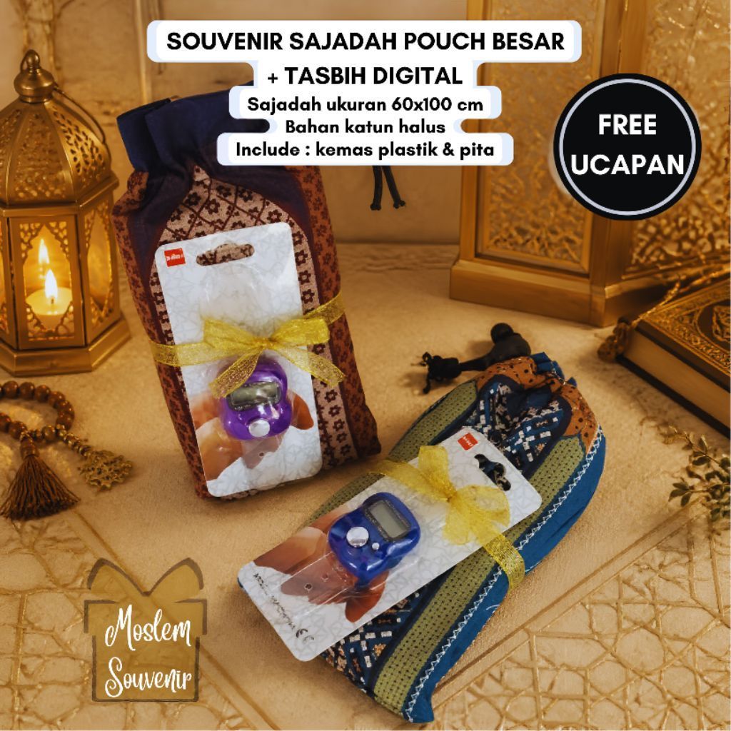 Souvenir Sajadah Pouch besar + tasbih digital terjangkau berkualitas umroh haji pernikahan tahlil pe