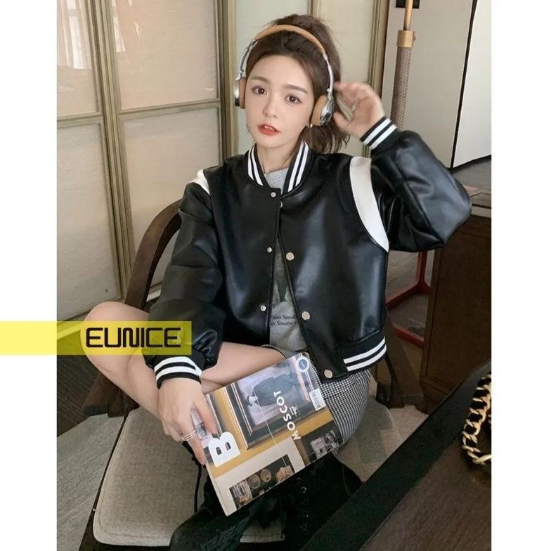 Best Seller Jacket Kulit Wanita Varsity Crop Baseball Two Tone