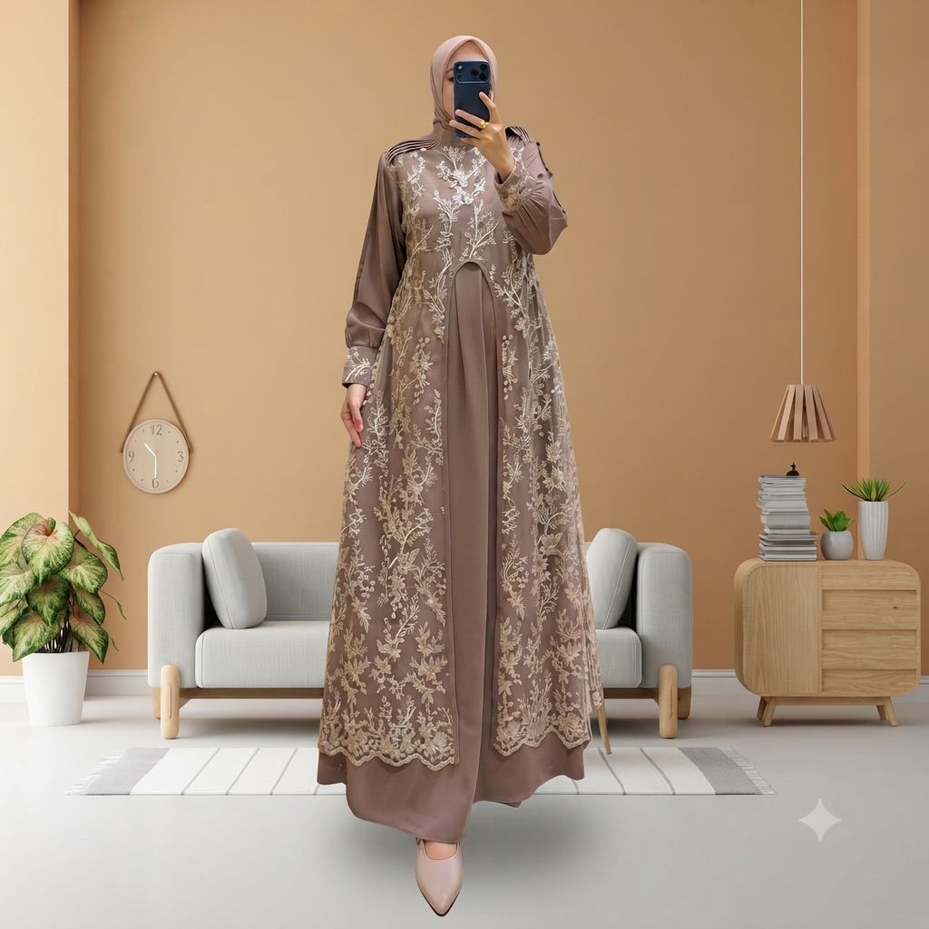 Gamis Wanita Salma Tille Premium A Line Muslimah Motif Bunga Outer Tille Sewarna Dalaman Long Dress 