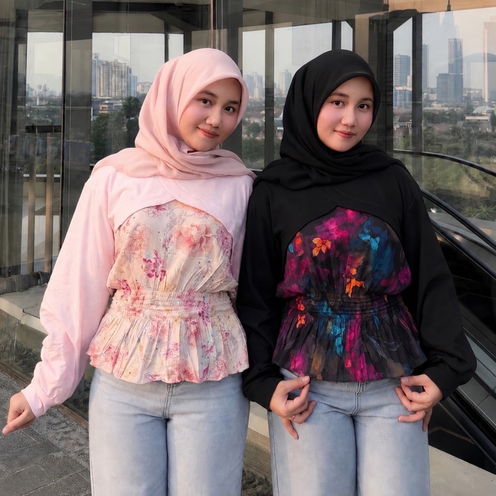 Rolv - rosela Blouse atasan wanita smoked kombinasi  rayon mix cotton lengan panjang