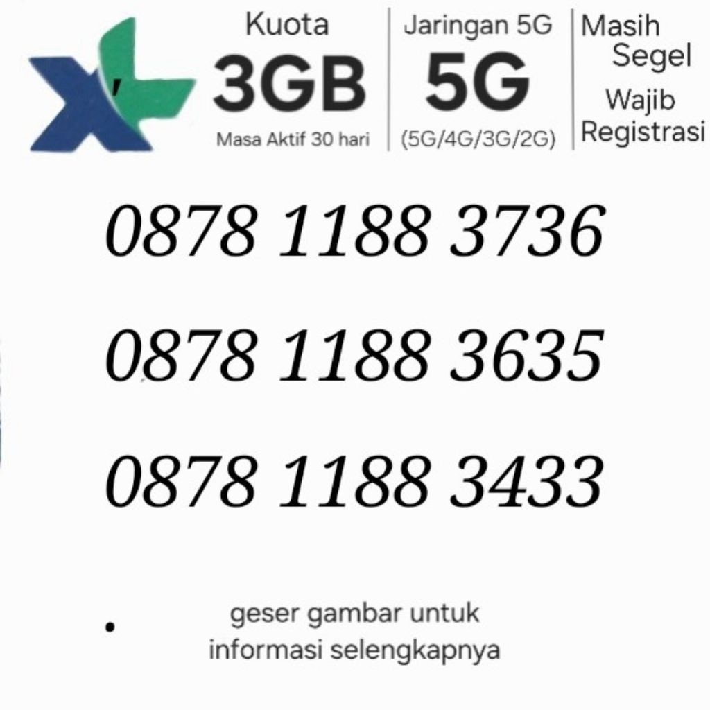 Nomor Cantik XL Kartu Perdana 5G 4G 3GB 3 GB Nomer Angka 12 11 10 DIGIT