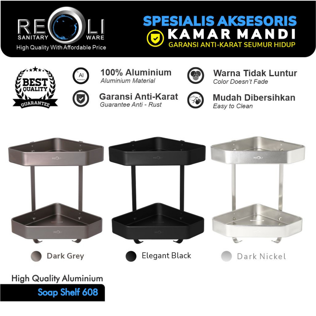 REOLI Rak Sabun Sudut Siku Aluminium 2 susun Anti Karat Soap Shelf 608 (Grosir)