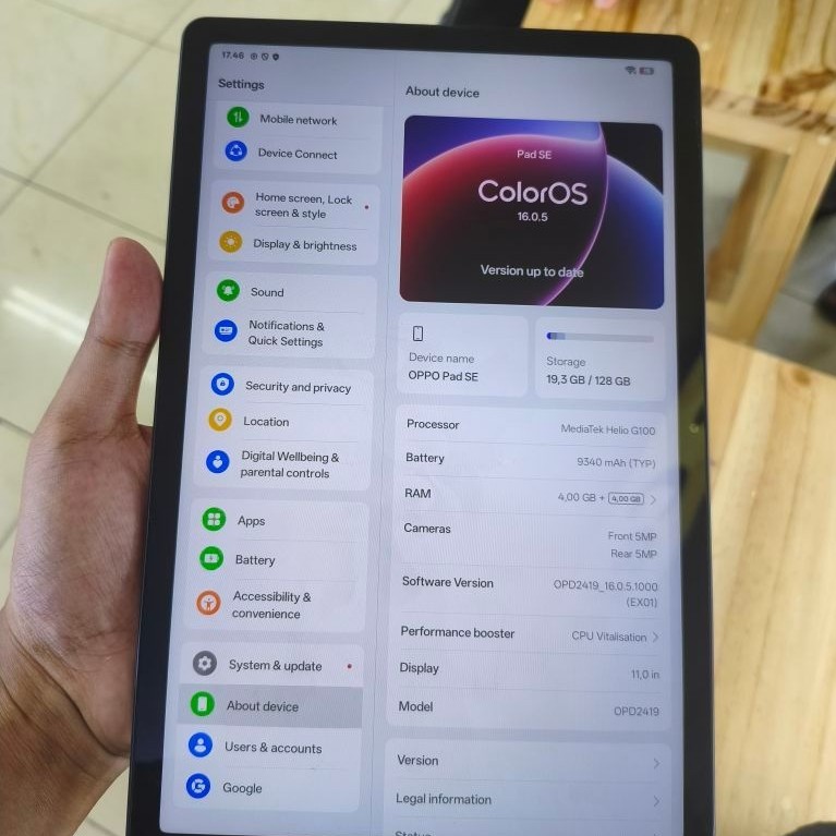 Tablet OPPO Pad SE 11 inci ColorOS 16.0.5 RAM 4GB ROM 128GB MediaTek Helio G100