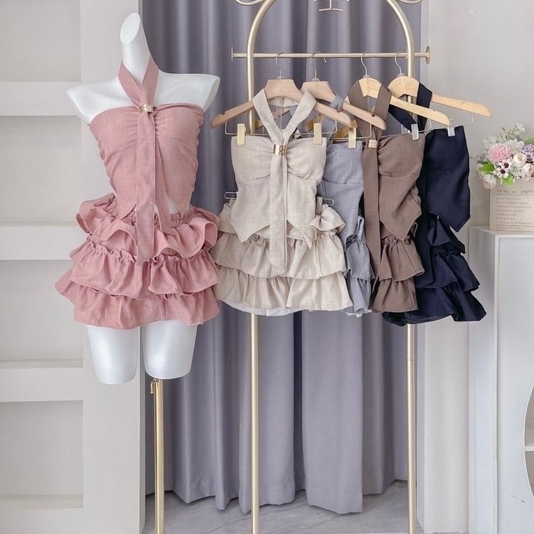 INSUN - BRIAR SET | Halter Tie Ruffle Set  Wanita