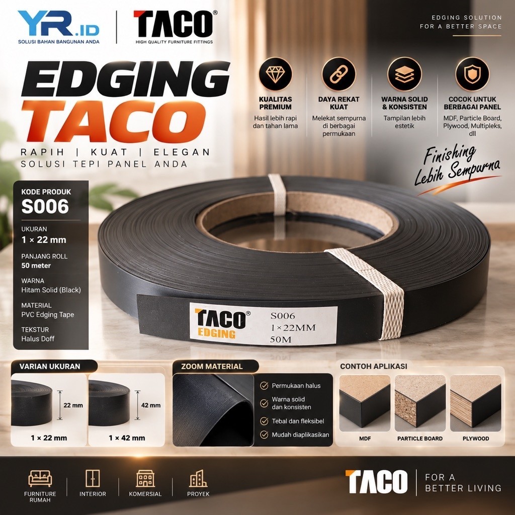 Edging TACO S006 List Tepi PVC 1x22mm Warna Hitam Solid Doff Per Meter