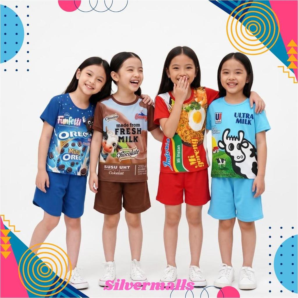 Setelan Baju Anak Laki-Laki Dan Perempuan Unisex 1-8 Tahun Motif Viral Indomi Chitato Ultramild Soto