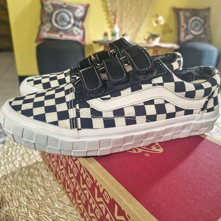 Sepatu Vans Old Skool Velcro CheckerBoard Preloved | size 37 / 23.5 cm | second Original