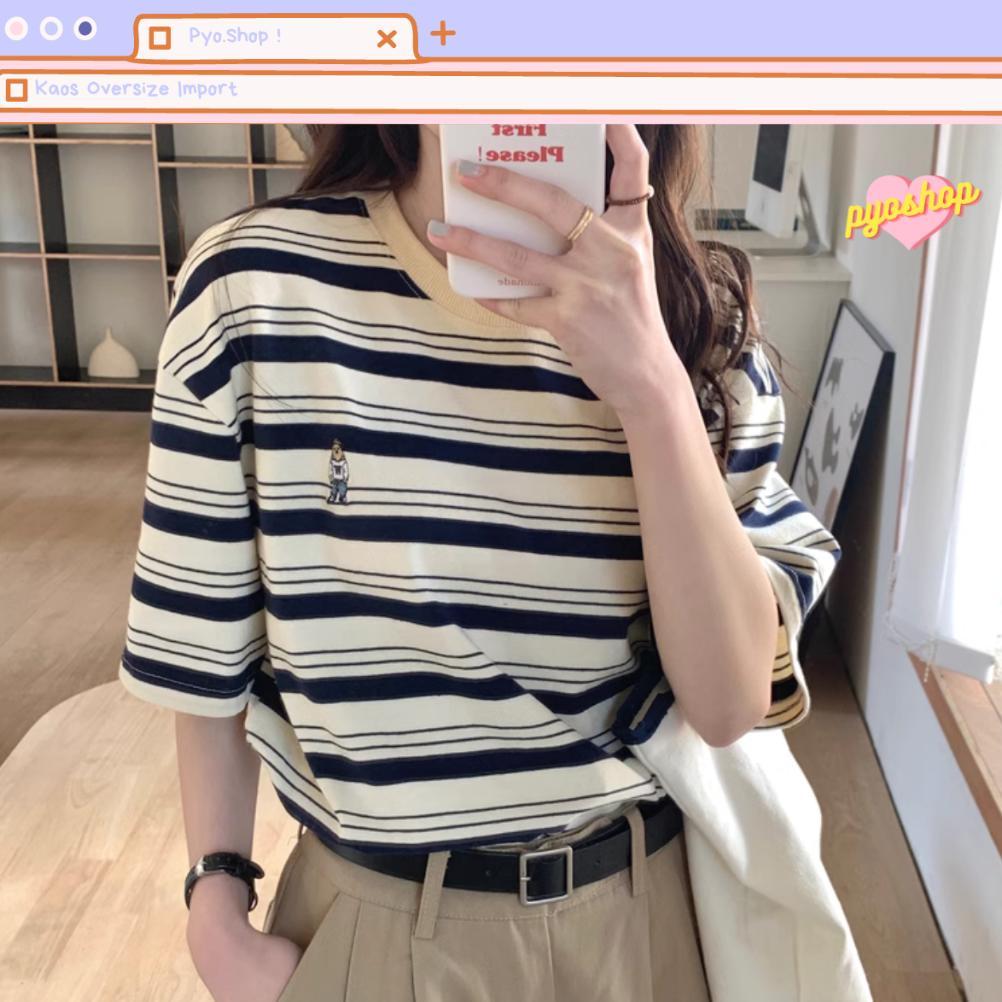 Kaos Stripe Oversized Import Wanita Bordir Korean