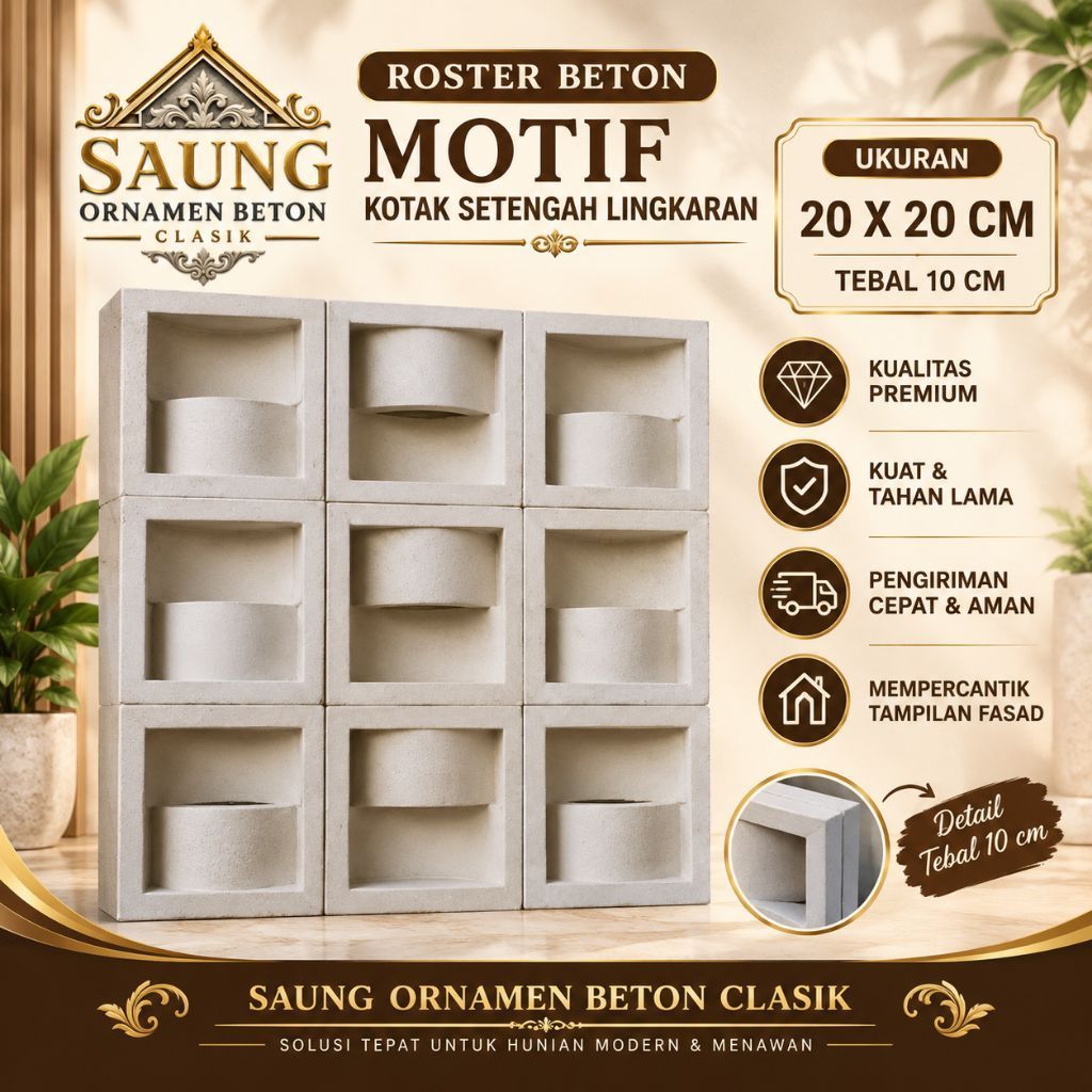 Roster Beton Saung Ornamen Beton Klasik Motif Kotak Setengah Lingkar 20x20 cm Tebal 10 cm
