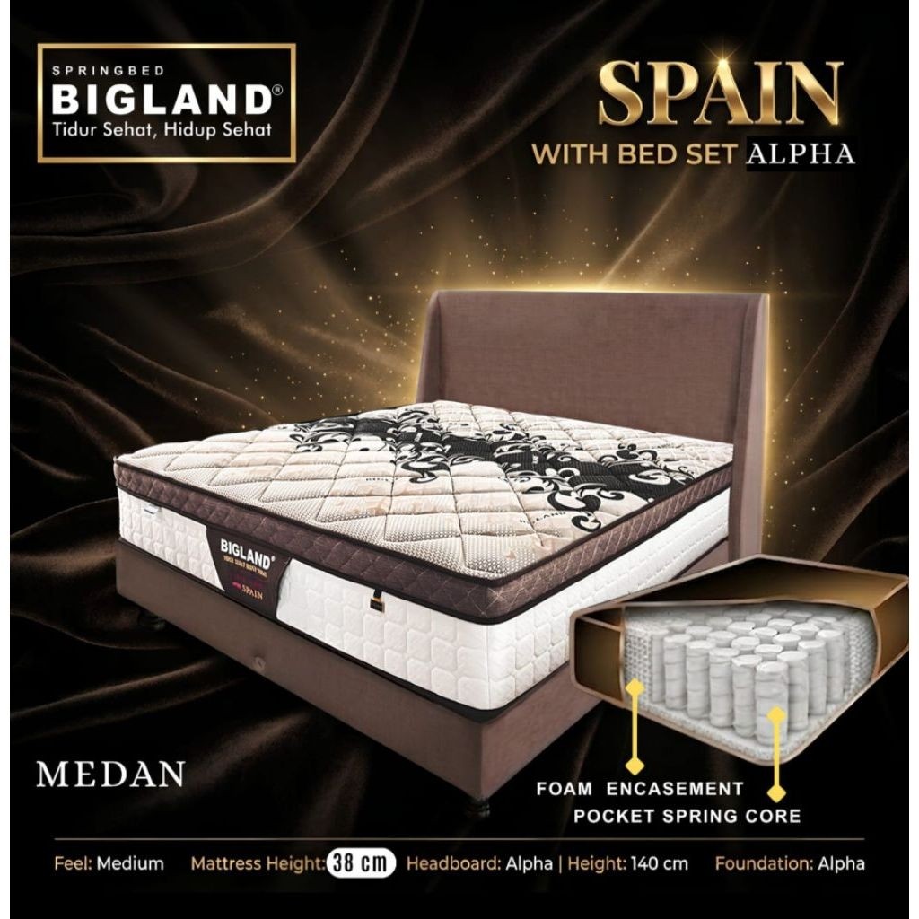 Springbed Bigland Spain dengan Set Tempat Tidur Alpha tebal kasur 38 cm Feel Medium , tersedia ukura