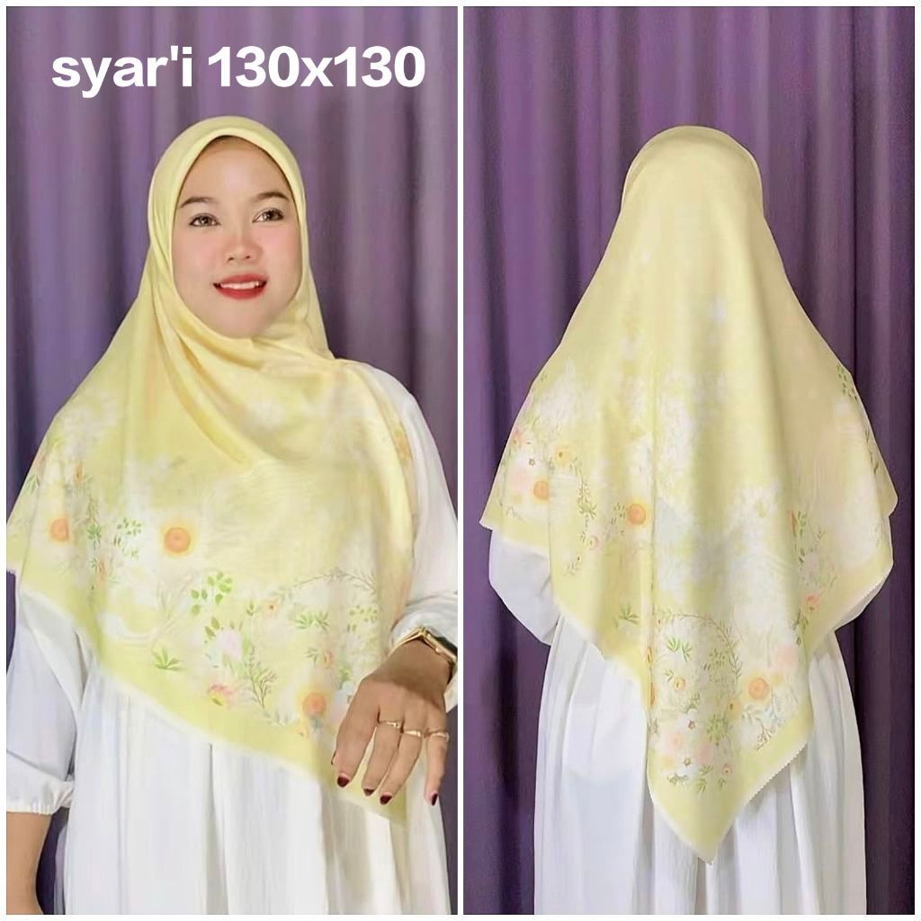 KERUDUNG SYARI SEGI EMPAT VOAL MOTIF BUNGA KURZAWA KUNING SOFT