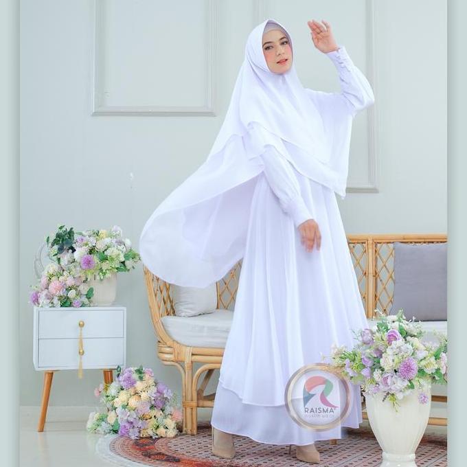 New- Gamis Putih Syari Set Khimar Rna Putih / Hitam / Bw / Gamis Umroh