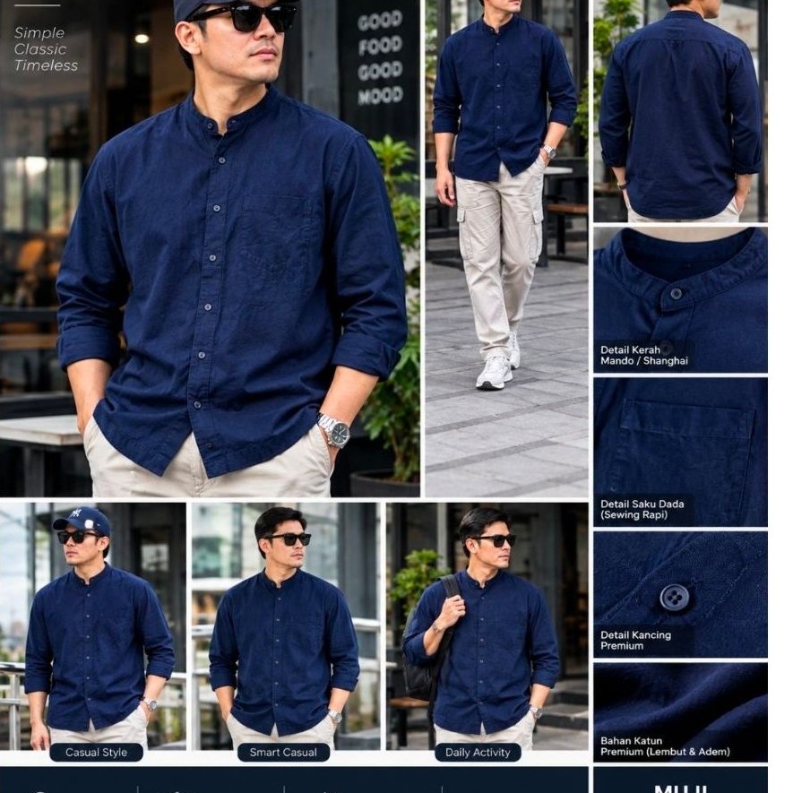 Baju Kemeja Kerah Sanghai Koko Pria Dark Navy Polos Katun Oxford Lengan Panjang MUJI