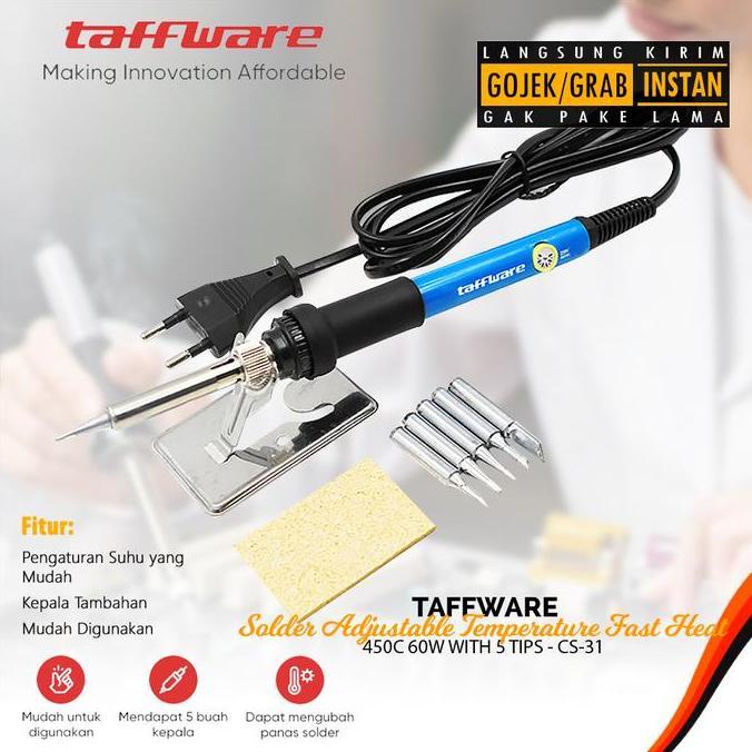 TAFFWARE SOLDER ADJUSTABLE TEMPERATURE FAST HEAT 450C 60W 5 TIPS CS31