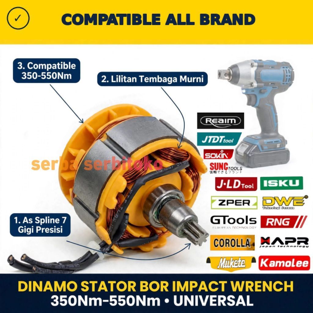 DINAMO MOTOR DRIVER BRUSHLESS IMPACT WRENCH 330NM-550NM JLD TOOLS KAMOLEE