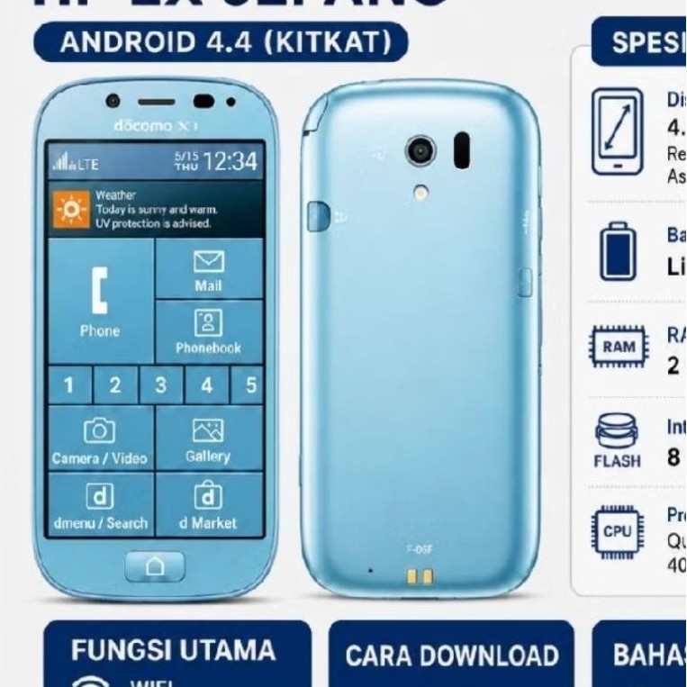 HP Android 4.4 KitKat docomo Fujitsu F-06F warna biru limbah jepang