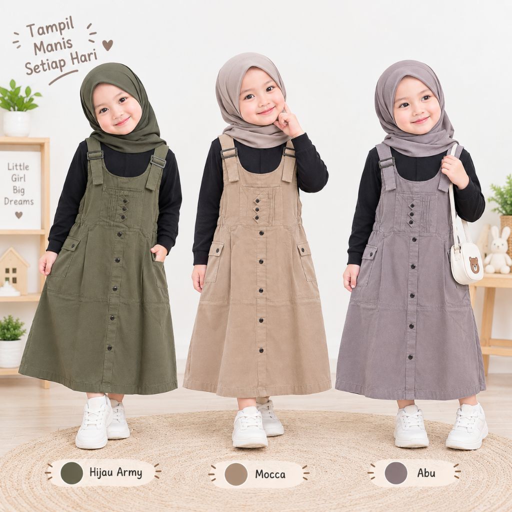 Dress Overall Anak Perempuan Terbaru 2027 / Baju Trend Lebaran 2027 Anak Cewek / One Set Overall Ana