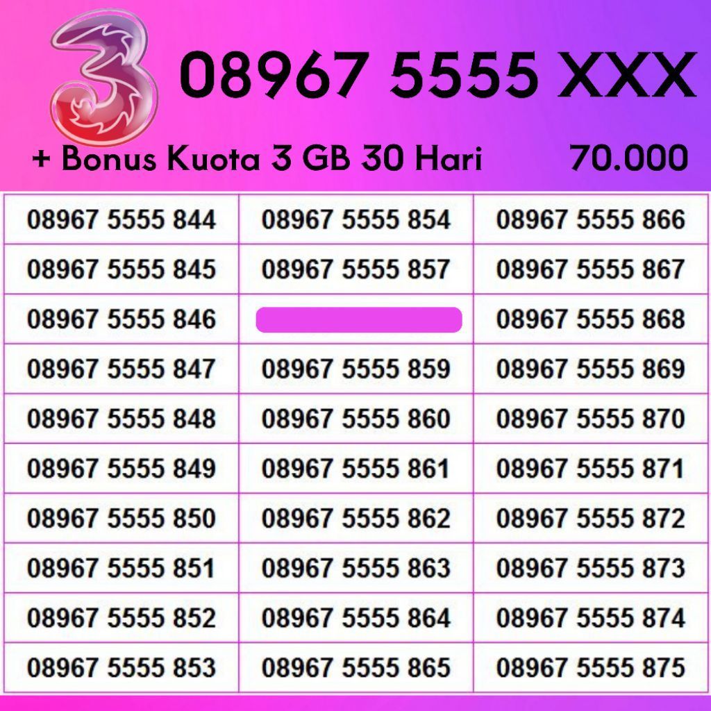 Nomor Cantik Tri / 3 / Three Kartu Perdana 4G / 5G - Bonus Kuota 3GB