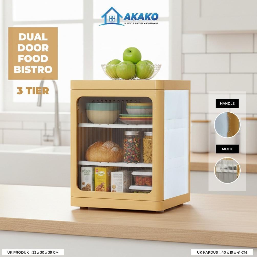 Rak Makanan Tertutup 3 Susun Anti Debu | Lemari Dapur Mini Dual Door AKAKO | Etalase Makanan Rumah &
