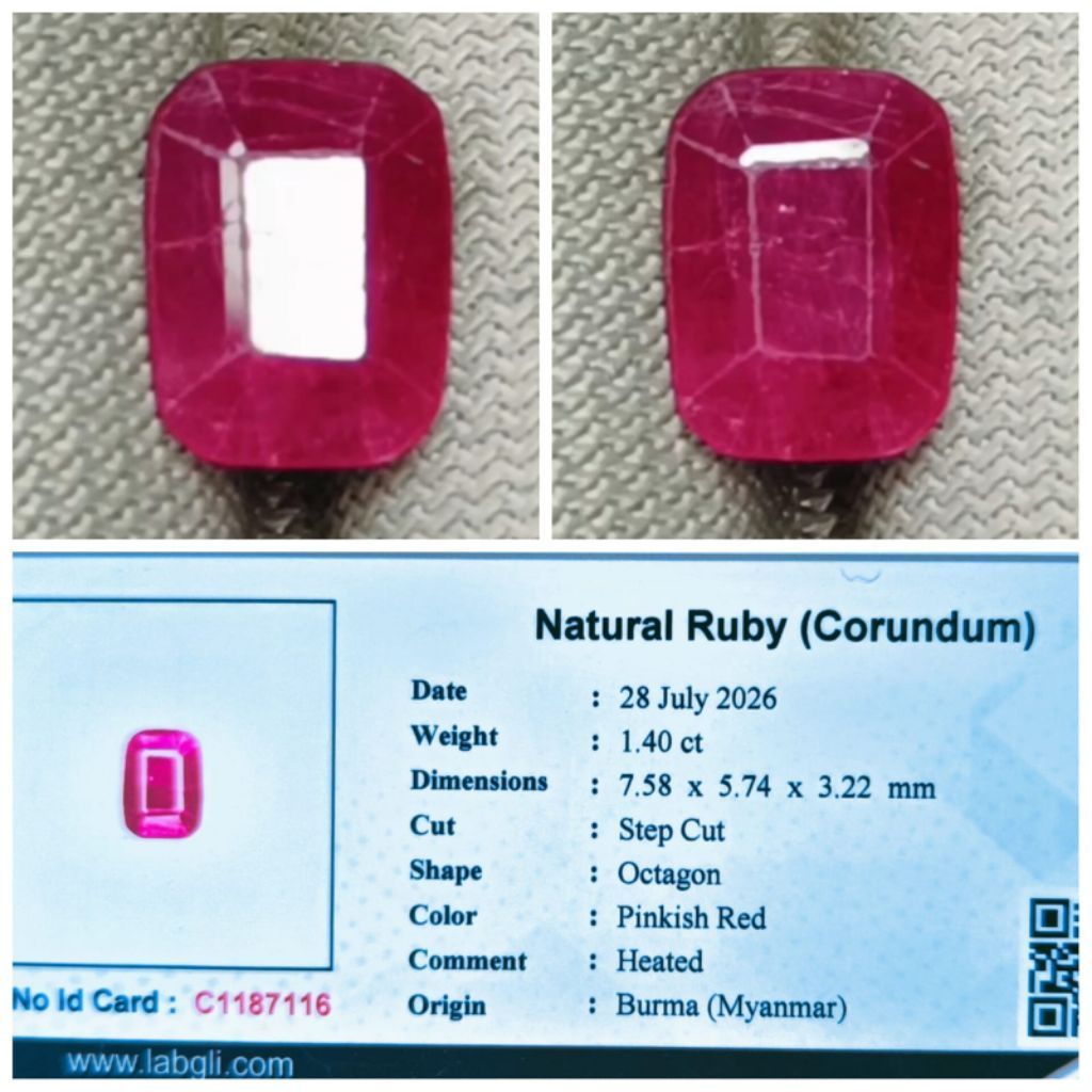 Natural Red Ruby Burma 1.40 crt Pinkishred Burmerse Mogok Siam Memo Lab