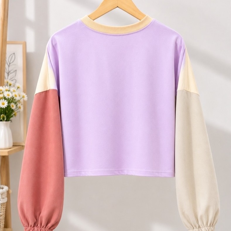 Crop Top Wanita Second Color Block Lavender Lengan Panjang